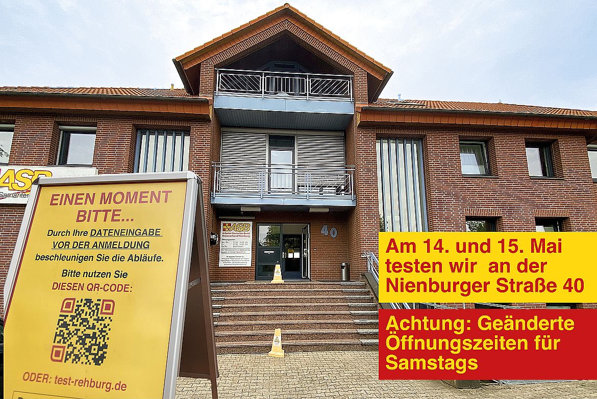 Testzentrum am Wochenende beim ASB / Geänderte Samstags-Öffnungszeiten für Rehburg und Hoya